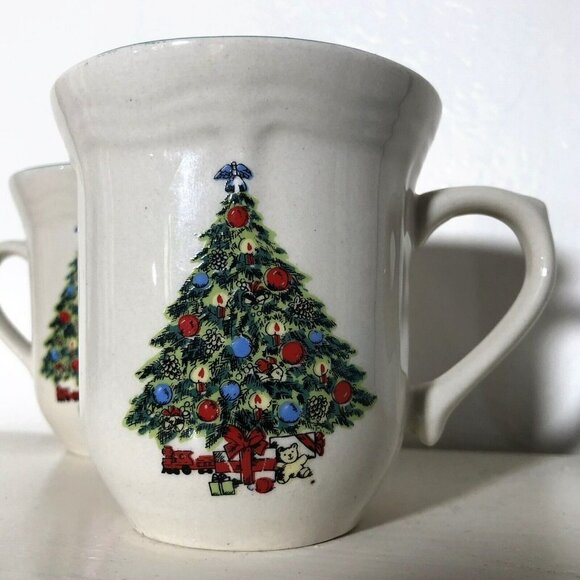 Christmas Tree Mug Set 2 Pair Couple Winter Holiday Ceramic Beige Restaurant - Picture 4 of 10